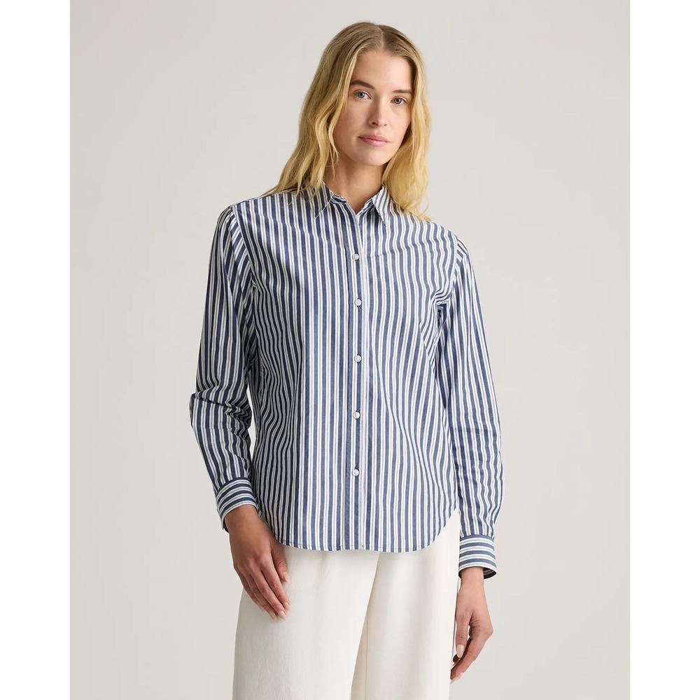 Quince Organic Cotton Poplin Boyfriend Shirt Women XS Hudson Stripe Blue White